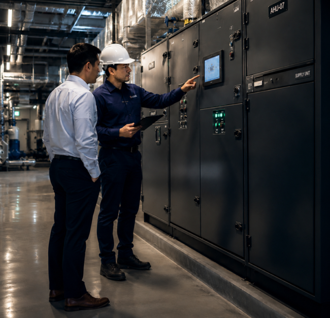 Engineer inspecting building services equipment