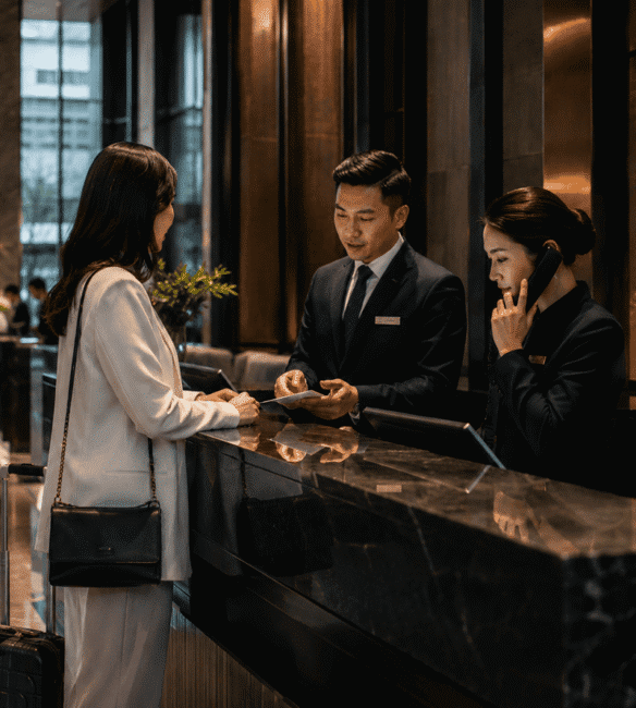 Concierge greeting a resident at the front desk